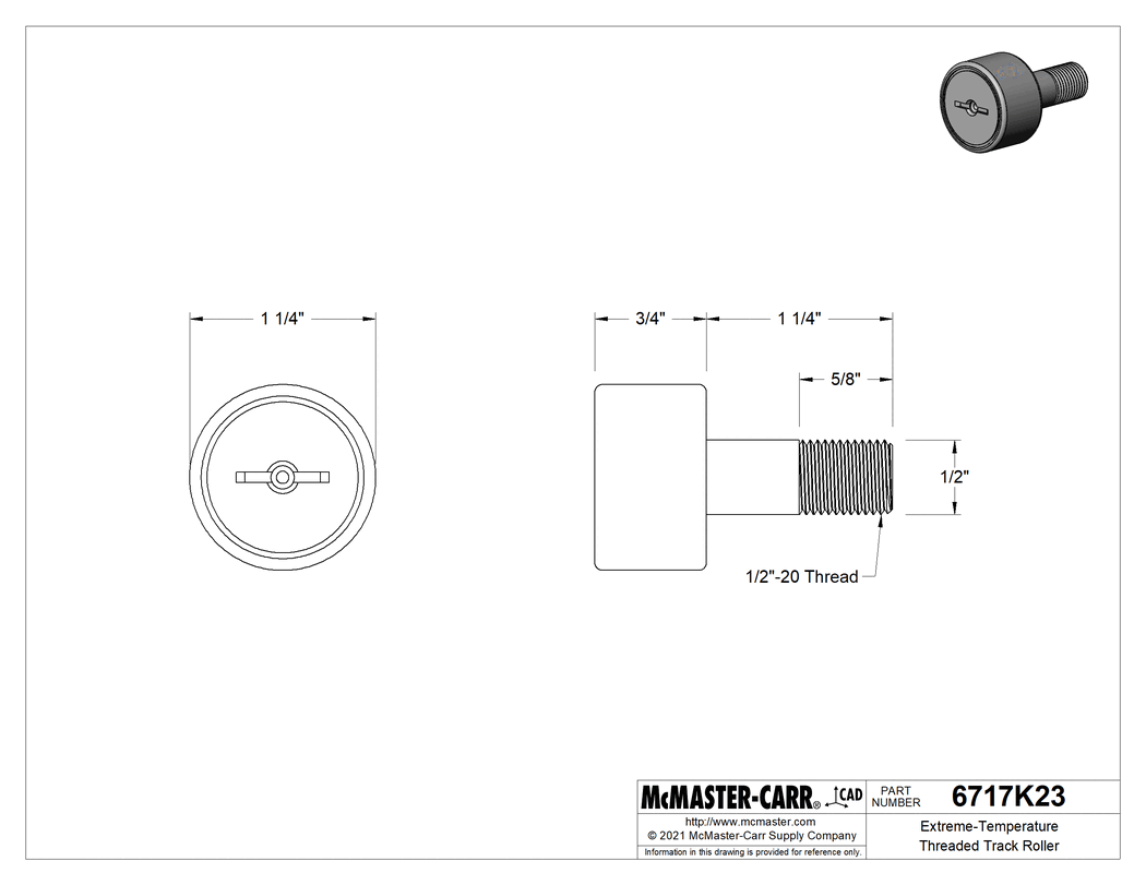 Technical Drawing of Extreme-Temperature Threaded Track Roller, 1-1/4" Roller Diameter, 3/4" Roller Width .
